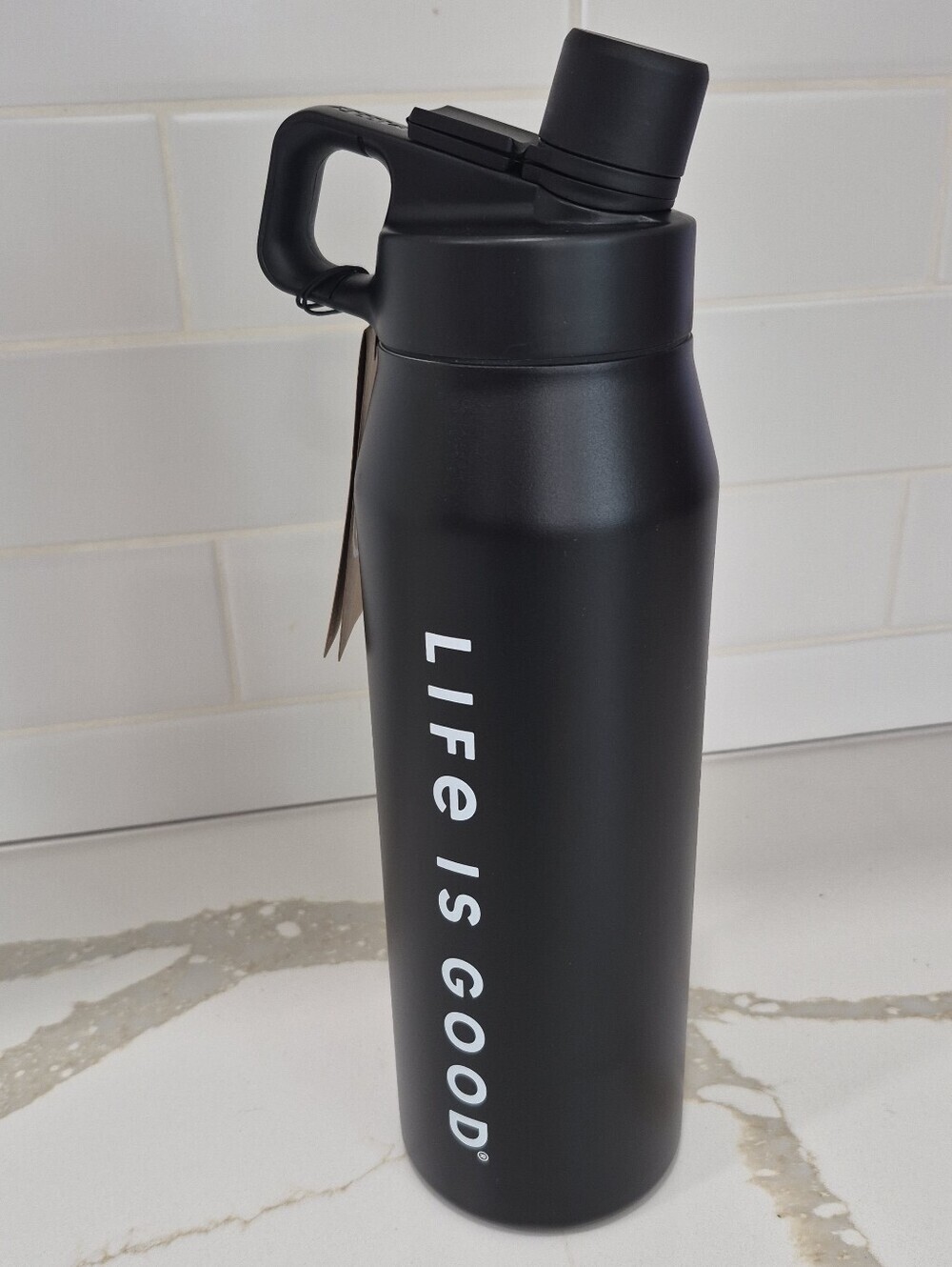 Life Is Good Black Water Bottle with White Wordmark